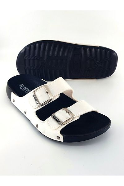 Esem White Color Double Buckle Trend Model Home, Street and Misfir Slippers