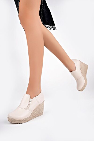epaavm Wedge Sole Side Zipper Cream Skin Shoes