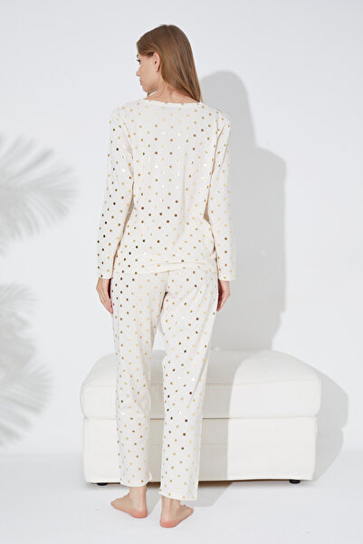 Siyah İnci Ekru Puan Varak Baskılı Örme Pijama Takım 7792
