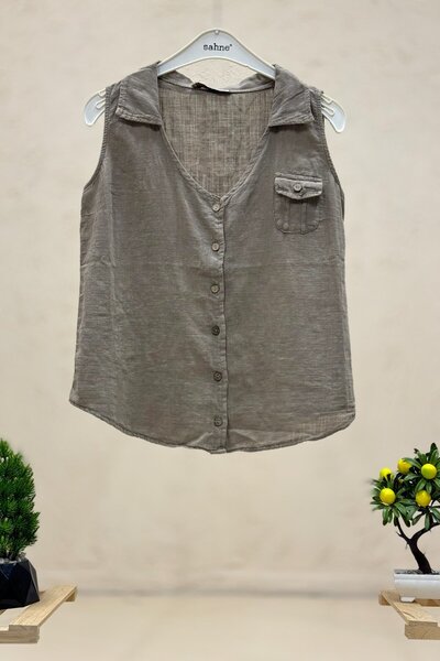 sahnemoda Λινό γιλέκο με ξύλινο κουμπί - με γιακά και τσέπες