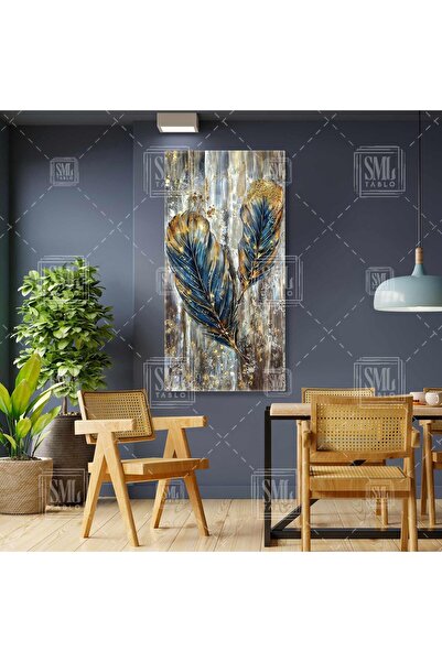 SML TABLO Soyut Kuş Tüyü Sanatsal Kuştüyü Petrol Mavi Altın Gold Tonlar Tüy B...