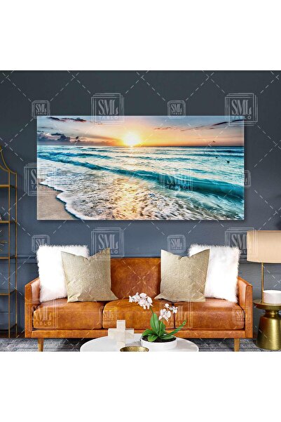 SML TABLO Gün Batımı Sahile Vuran Sakin Dalgalar Huzur Kum Güneş Yaz Enine Ya...