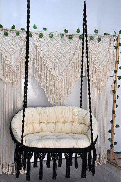 ALTINOLUK HAMAK Makrome Salıncak Bahçe Balkon Salıncağı ( SİYAH ) AÇIK KREM M...