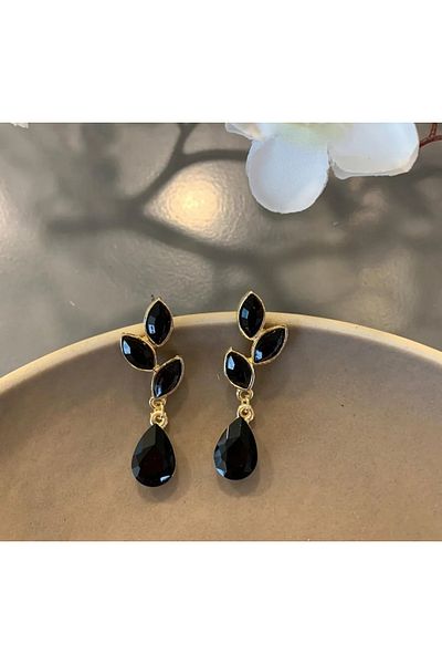 mos&more Black Leaf Earrings with Gold Crystal Stones