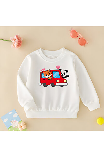 CDA Κόκκινο αυτοκίνητο Panda και Cat Unisex Baby Girl Boy Λευκό φούτερ