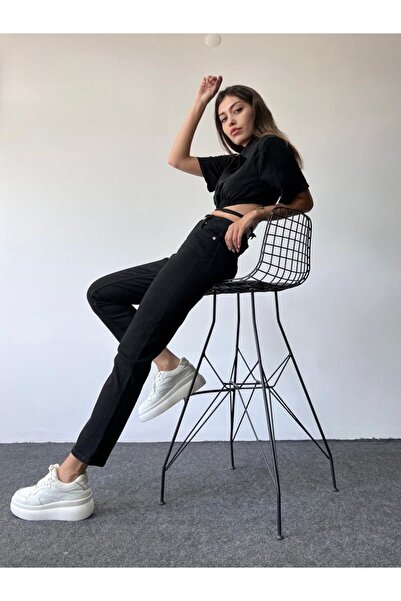 ByCukurovaFrango Жіночі чорні джинси-боксерки з високою талією