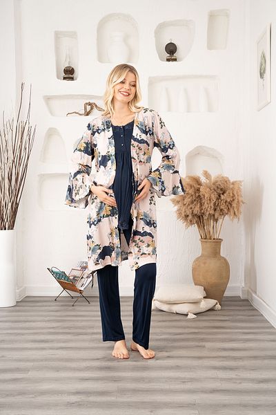 CT MODA Women's Navy Blue Belmando Lace Special Design Cotton Pregnant Maternity Dressing Gown Pajama Set