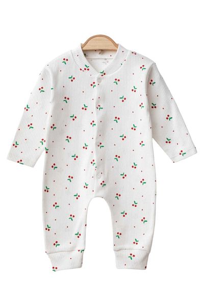 dinamik çocuk Flexible 100% Cotton Newborn Jumpsuit for Baby Girl - Cherry Printed, Snap Fasteners 1-3-6 Months