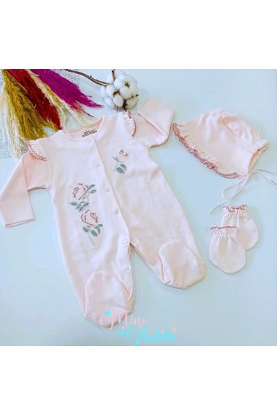 Eda Baby Frilly Lora Hat 3 Piece Jumpsuit with Snap Fasteners and Booties