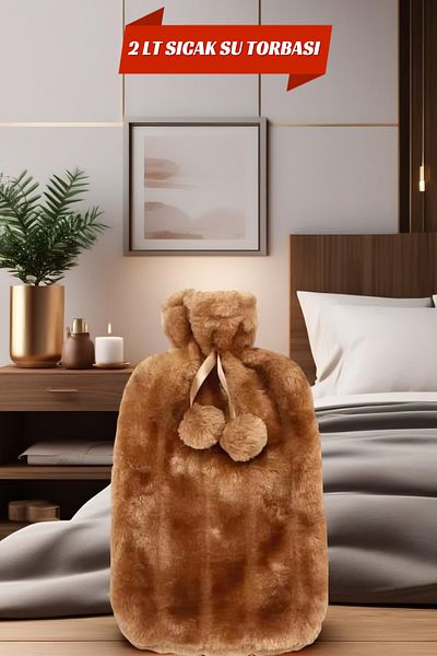 TOYFEST 2 Liter with Pompom - Soft Plush Hot Water Bag, Light Brown