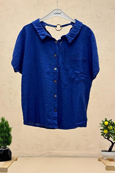 sahnemoda بلوزة كتان فضفاضة بياقة دائرية على الظهر