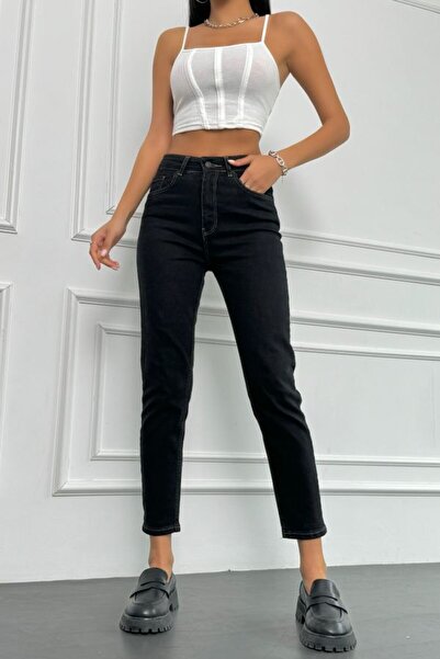 ByCukurovaFrango By-2132 Black Lycra Mom Jean High Waist Jeans Skinny Leg Den...