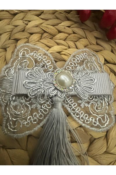 Deniz Party Store Glossy Gray Bow Tasseled Pearl Stone Detail Bag Decoration 2 Pieces