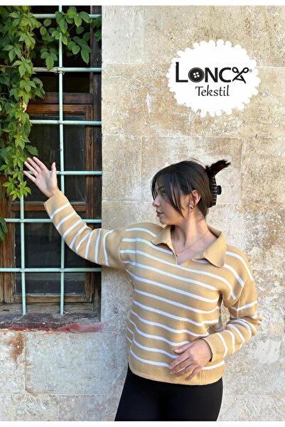 Lonca Tekstil Polo Neck Striped Knitwear Knitted Sweater
