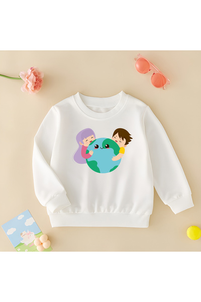 CDA Happy Kids and World Unisex Fete Băieți Bebeluși Sweatshirt Alb