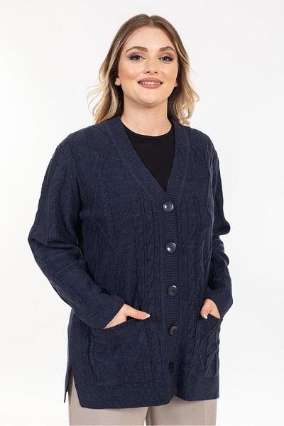 Mutlu City Middle Age Women's Knitwear Cardigan - Soft Texture, V-Neck, Buttoned, Indigo Blue 2426