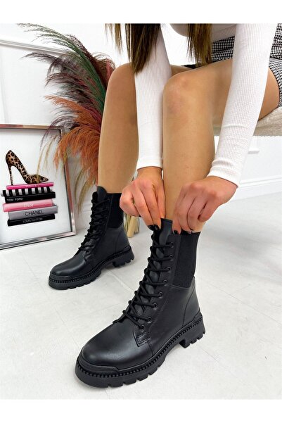 ERVANIN BUTİĞİ Siyah Cilt (leroy) Lastik Detay Kadın Bağcıklı Postal