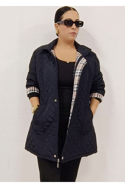 AKŞEN GİYİM Women's Large Size Inner Lined with Side Pocket Zipper and Strap Cover Quilted Trench Coat