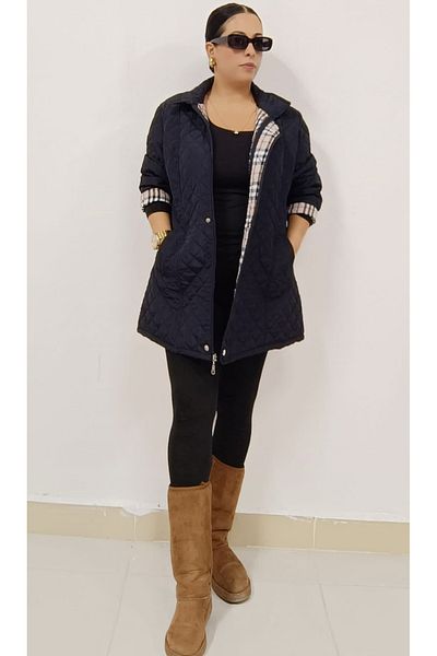 AKŞEN GİYİM Women's Large Size Inner Lined with Side Pocket Zipper and Strap Cover Quilted Trench Coat