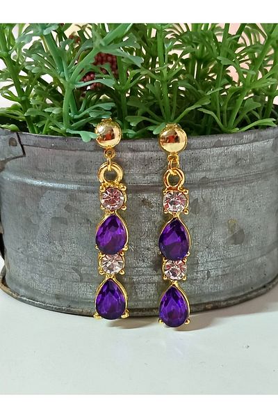 mos&more Purple Gold Crystal Stone Evening Dress Women's Earrings