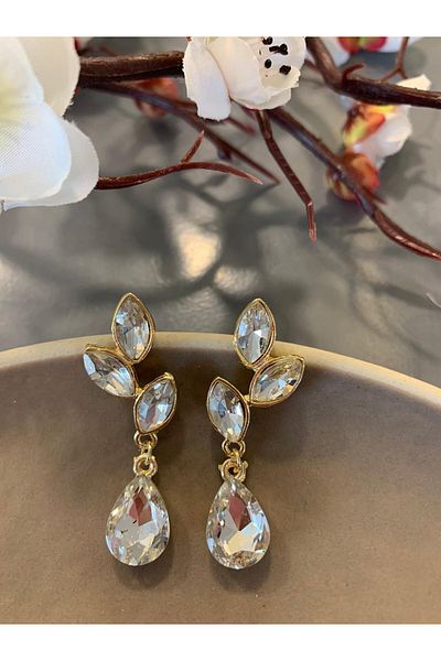 mos&more White Leaf Women's Earrings with Gold Crystal Stone