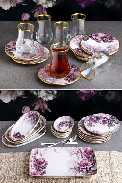 Pinkev 27 Piece Ceramic Breakfast Plate Set with Tea Cups