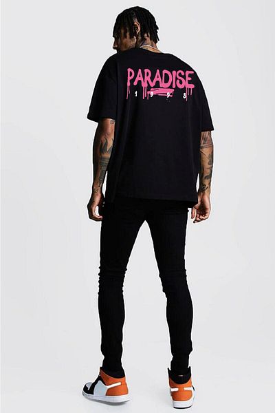 Relax family xf Ανδρικό μπλουζάκι Oversize Loose Cut Λευκό Μαύρο με στάμπα στην πλάτη