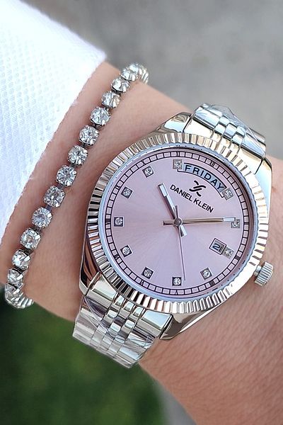 Daniel Klein Steel Bracelet Pink Dial Calendar Women's Wrist Watch and Jewelled Bracelet