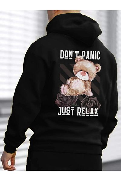 Relax family xf Hanorac negru pentru bărbați, slim fit, cu glugă - bumbac imprimat