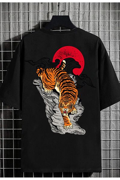 Relax family xf Μαύρο ανδρικό μπλουζάκι με στάμπα Leopard Oversize