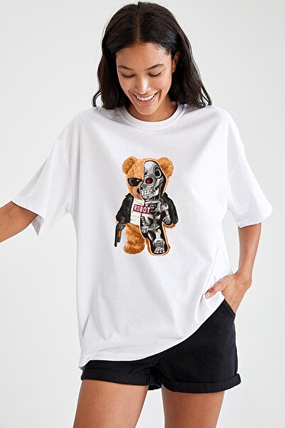 Relax family xf Bela Oversize kroj Žene T-shirt - Robot print