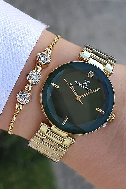 Daniel Klein 32 mm Çelik Bilezik Kesme Camlı Altın Sarısı Yeşil Kadran Kadın ...