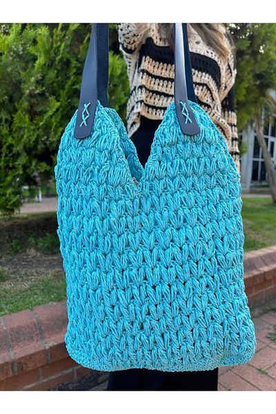 SOFT Women's Handmade Blue Paper Rope Bag - 38x28 cm, Genuine Leather Strap, Natural and Stylish Design