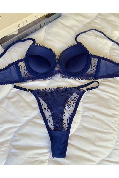 SİLVER MİRROR Set de lenjerie intimă cu model de flori albastru bleumarin