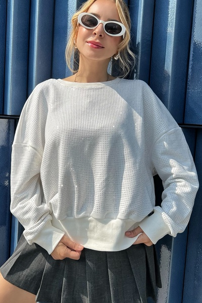 RICH GLAM Crystal Stone Loose Cut Oversize Plus Size Trei fire Bumbac Confortabil Elegant Loose Ecru Hanorac pentru femei