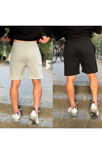 Relax family xf Erkek 2li Şort Slimfıt Kalıp Paris Baskılı Pamuklu Kumaş Siyah Gri