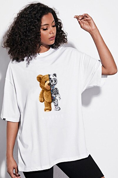 Relax family xf Tricou alb oversize pentru femei - Imprimare frontală robotică