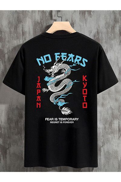 Relax family xf Мъжка черна тениска с голям размер - с щампа Nofears на гърба