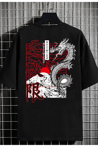 Relax family xf Μαύρο ανδρικό μπλουζάκι Oversize - Back Dragon Printed