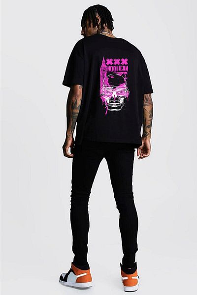 Relax family xf Ανδρικό μπλουζάκι Oversize Loose Cut Λευκό Μαύρο με στάμπα στην πλάτη
