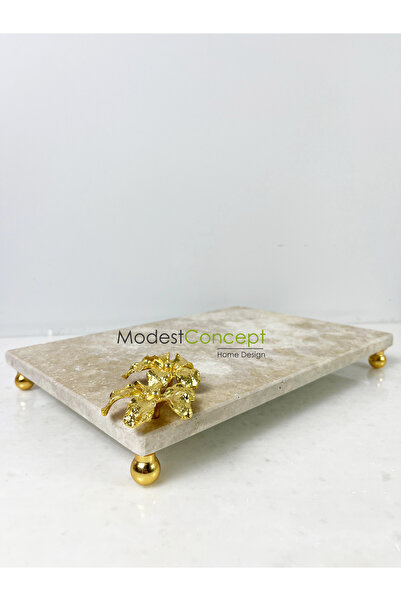 Modestmar Traverten Mermer Sunum Tepsisi 20x30 Gold Çiçek Detaylı Gold Top Ay...