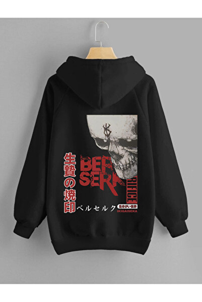 Relax family xf Siyah Unisex Oversize Kapüşonlu Sweatshirt Berserk Baskılı