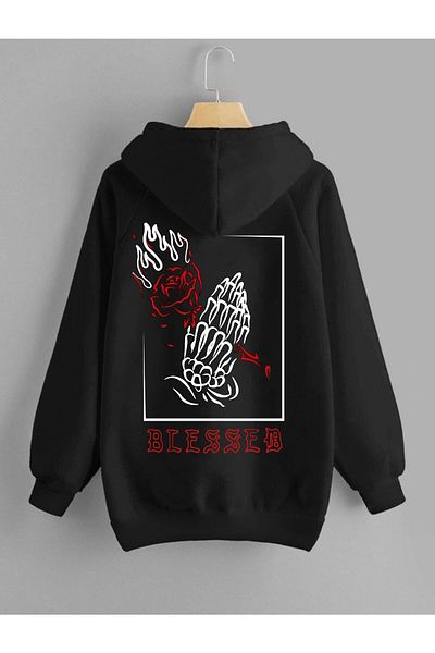 Relax family xf Unisex Oversize Black Hooded Sweatshirt - Blessed Back Print