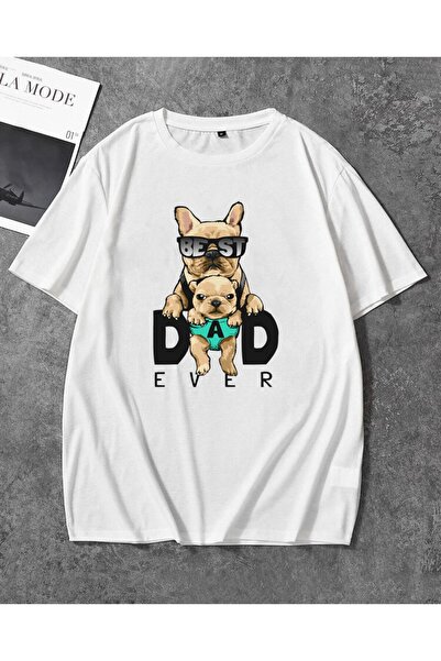 Relax family xf تي شيرت أبيض كبير الحجم للجنسين - طباعة أمامية للأب