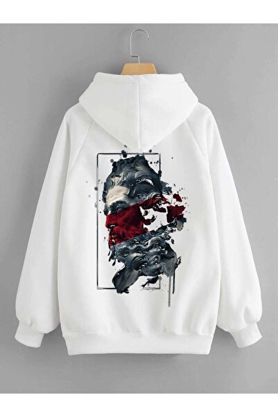Relax family xf Beyaz Oversize Kapüşonlu Sweatshirt Unisex Zeus Sırt Baskı