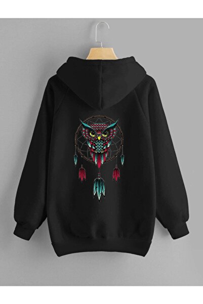 Kadın Sweatshirt Sırt Baskı Siyah Baykuş