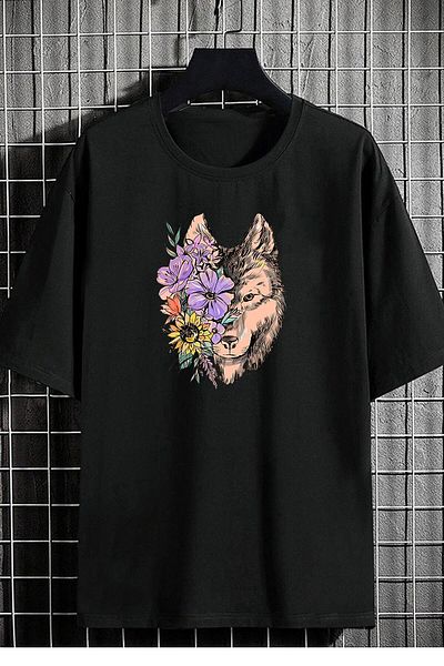 Relax family xf Μαύρο μπλουζάκι Unisex Oversize Flower Wolf με στάμπα