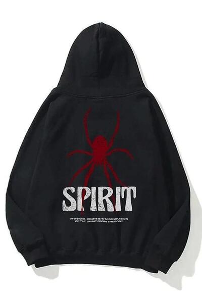 Relax family xf Siyah Unisex Kapüşonlu Sweatshirt Spirit Sırt Baskılı Pamuklu Kumaş