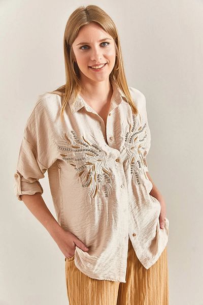 ubmbutik Cămașă de damă - Brodat cu piatră - Cu model - Cămașă Ayrobin din in