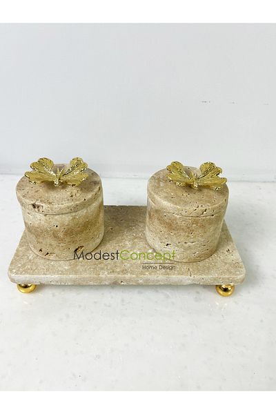 Modestmar Travertine Marble 3-Piece Spice Jar Set with Gold Butterfly Lid